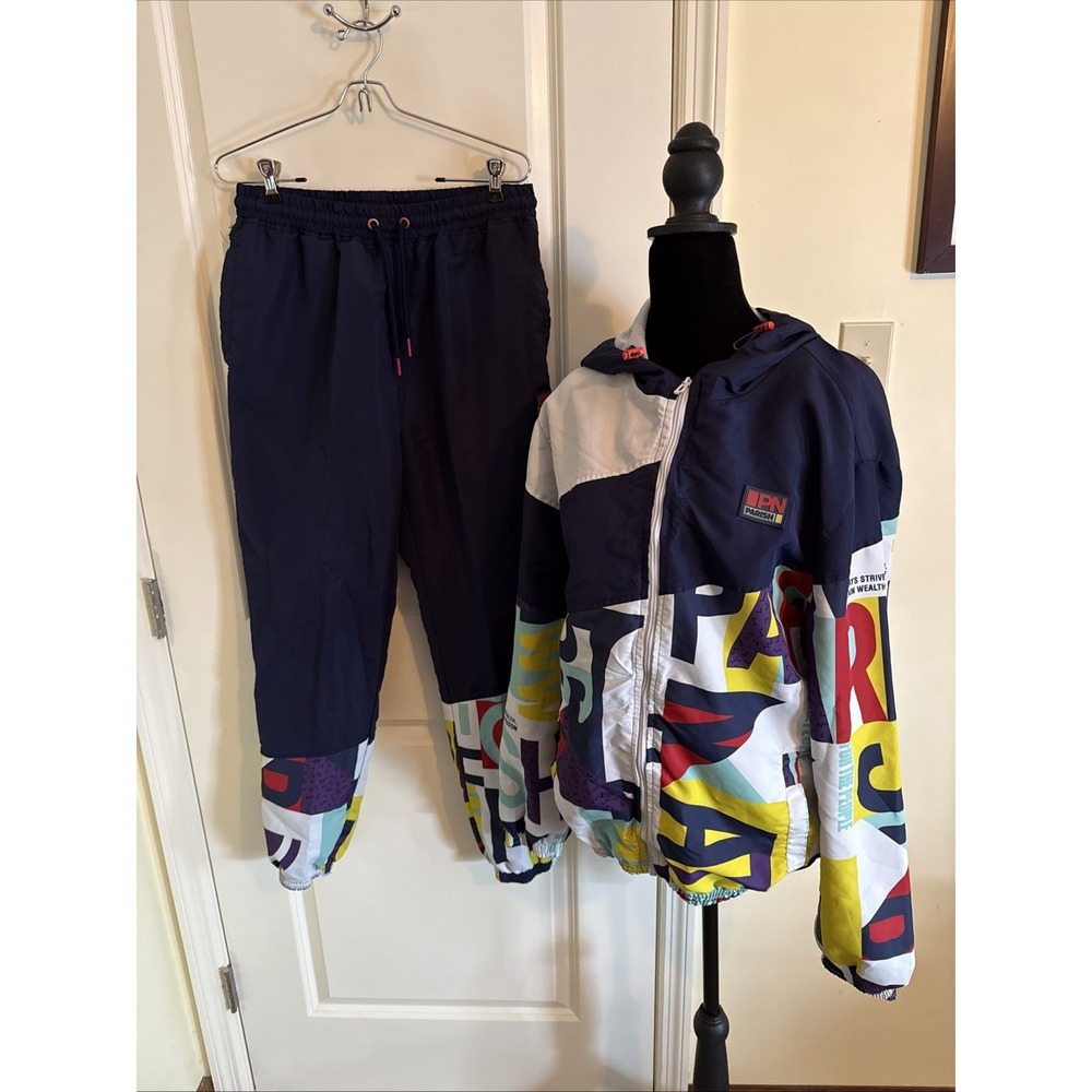 Parish Nation Track Suit Sz Large Pant Med Jacket Blue W Geometric Print Retro